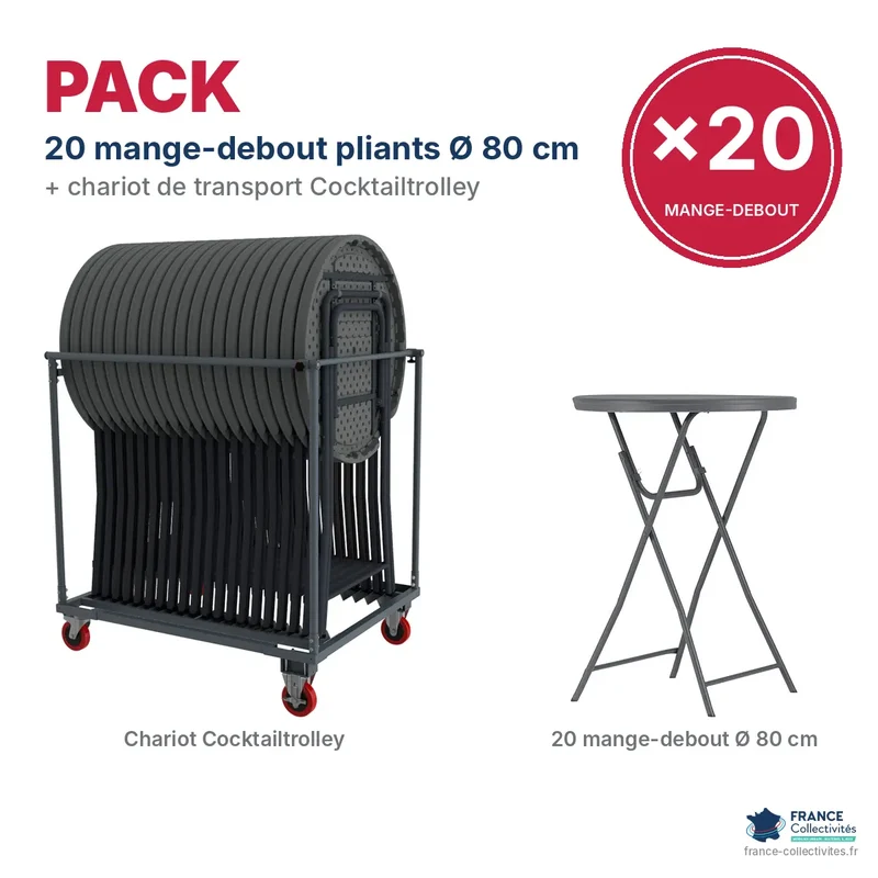 Pack 20 mange-debout pliants Ø 80 cm + chariot Cocktailtrolley "Classic Collection"