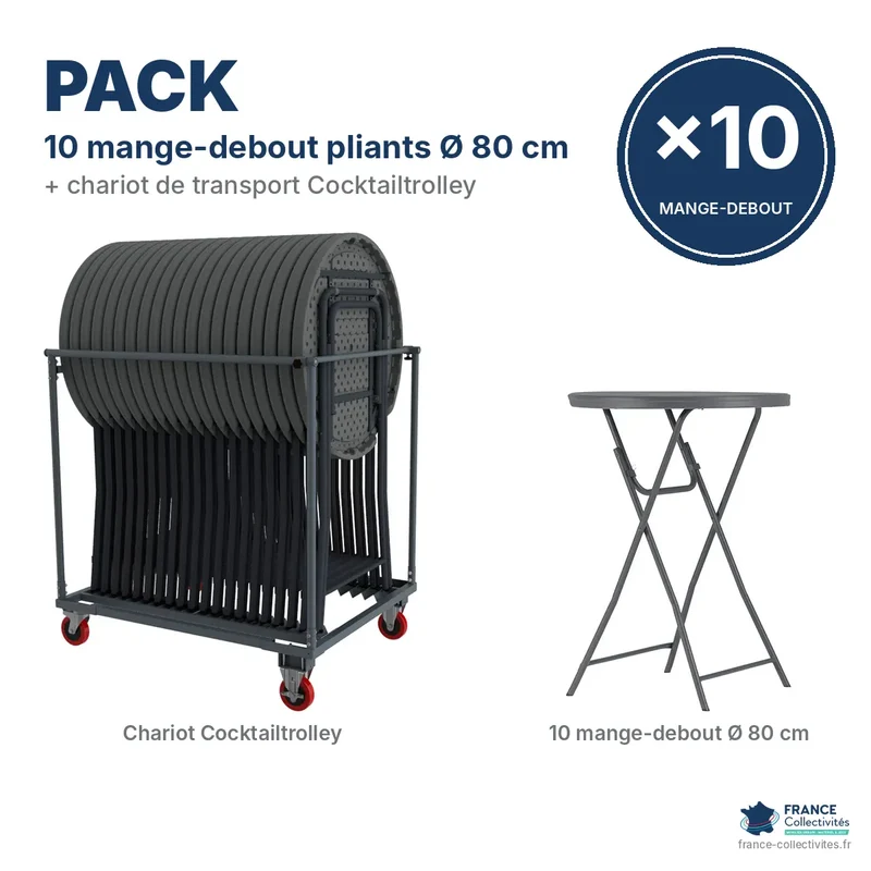 Pack 10 mange-debout pliants Ø 80 cm + chariot Cocktailtrolley "Classic Collection"