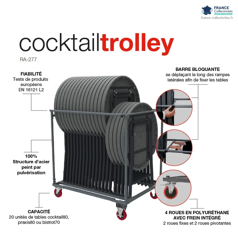 Pack 10 mange-debout pliants Ø 80 cm + chariot Cocktailtrolley "Classic Collection"