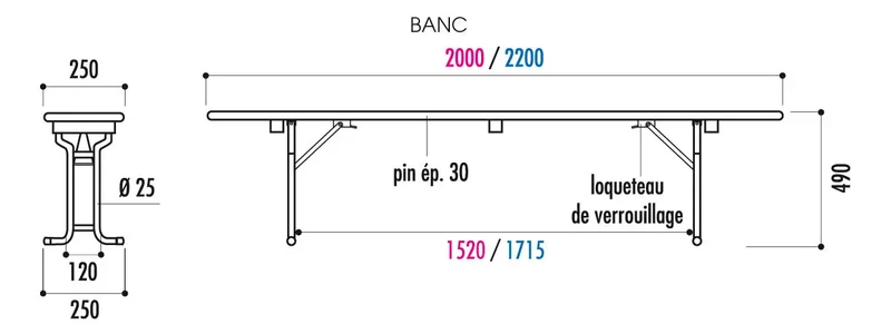 Banc bois tubulaire pliant 220 x 25 cm