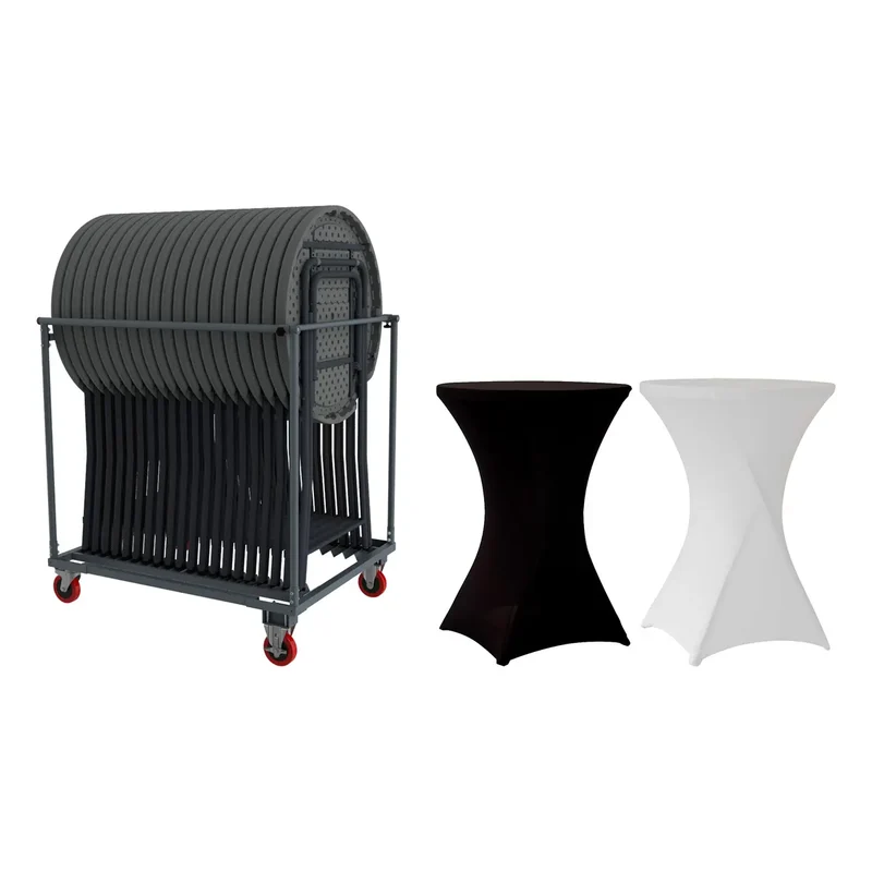 Pack 20 mange-debout pliants Ø 80 cm + housses stretch + chariot Cocktailtrolley "Classic Collection"
