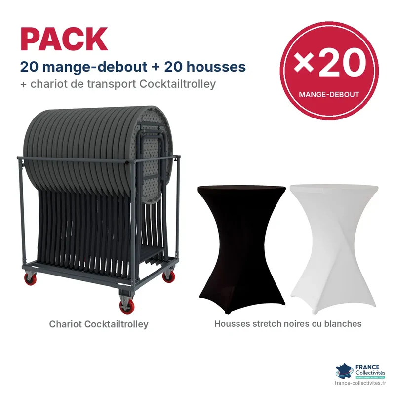 Pack 20 mange-debout pliants Ø 80 cm + housses stretch + chariot Cocktailtrolley "Classic Collection"