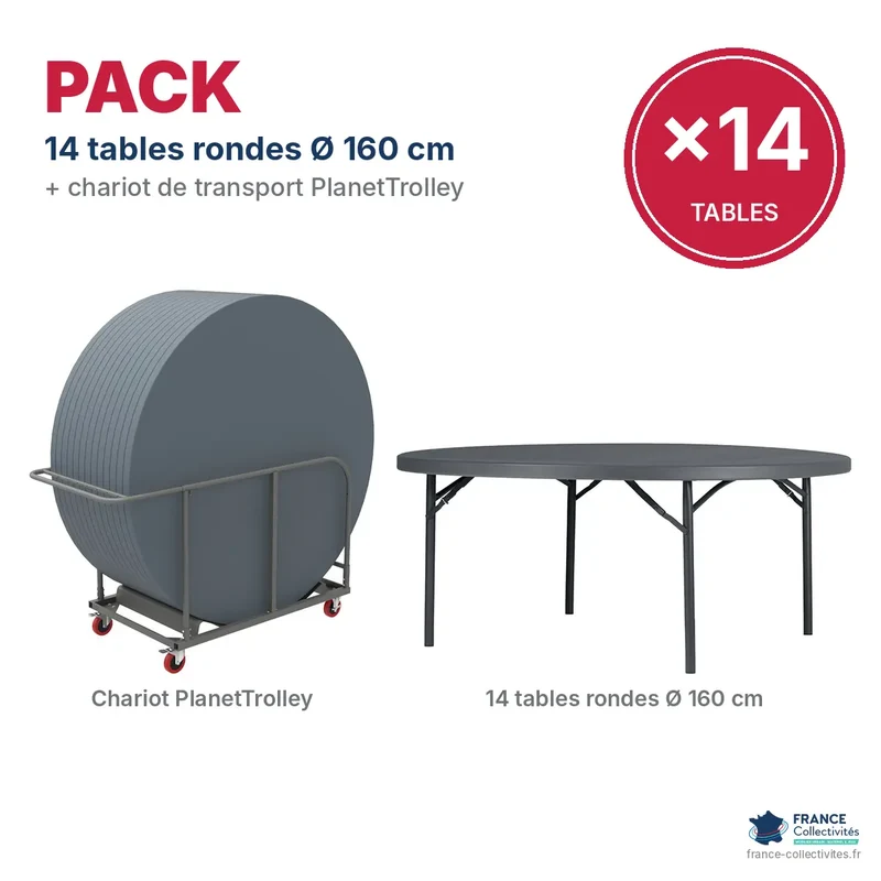Pack 14 tables rondes pliantes Ø 160 cm + chariot PlanetTrolley "Classic Collection"