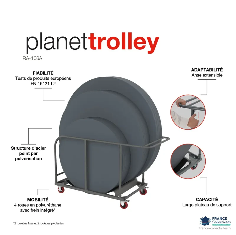 Pack 14 tables rondes pliantes Ø 160 cm + chariot PlanetTrolley "Classic Collection"