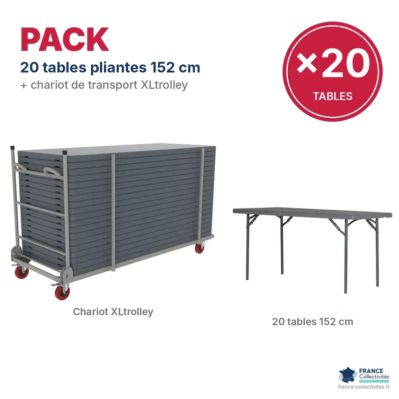 Pack 20 tables pliantes plastique 152 x 76 cm + chariot XLtrolley "Classic Collection"