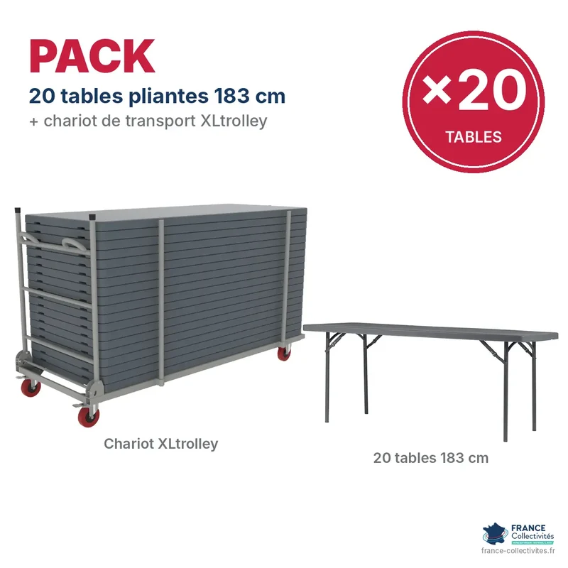 Pack 20 tables pliantes plastique 183 x 76 cm + chariot XLtrolley "Classic Collection"