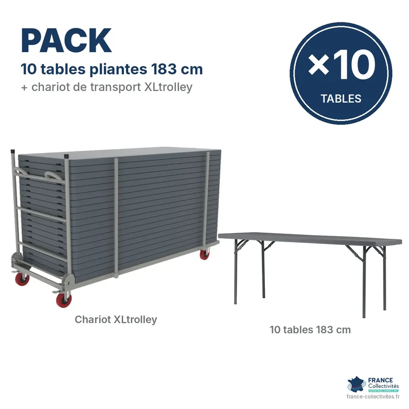 Pack 10 tables pliantes plastique 183 x 76 cm + chariot XLtrolley "Classic Collection"