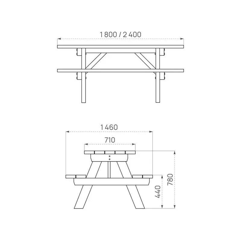 Table de pique-nique Turin en bois résineux autoclave classe 4, 1 800 ou 2 400 mm, lames de 45 mm