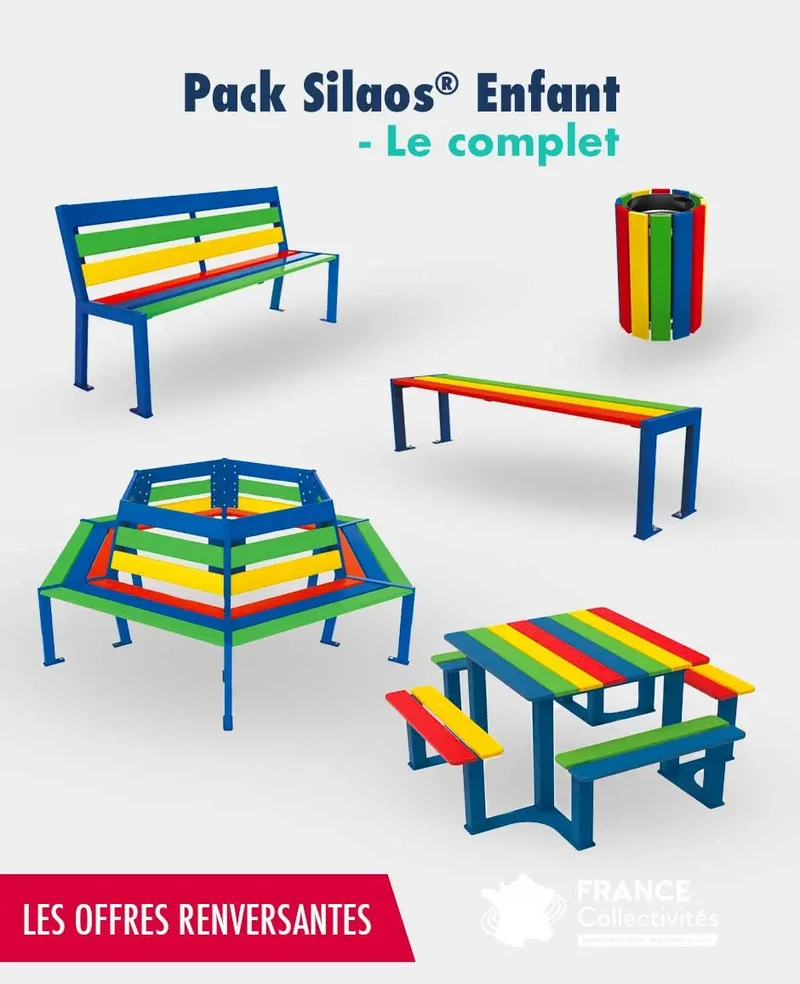 Pack mobilier enfant Silaos Le complet : banc, banquette, banc tour d'arbre, table et corbeille