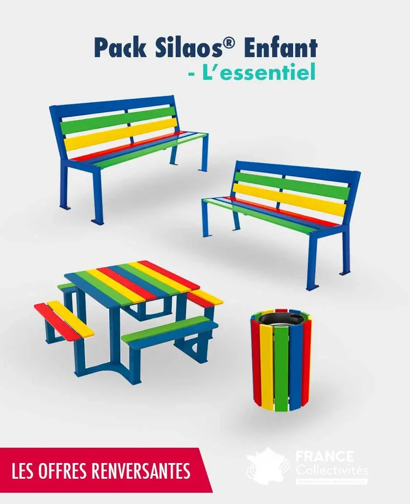 Pack mobilier enfant Silaos L'essentiel : 2 bancs junior, 1 table de pique-nique et 1 corbeille