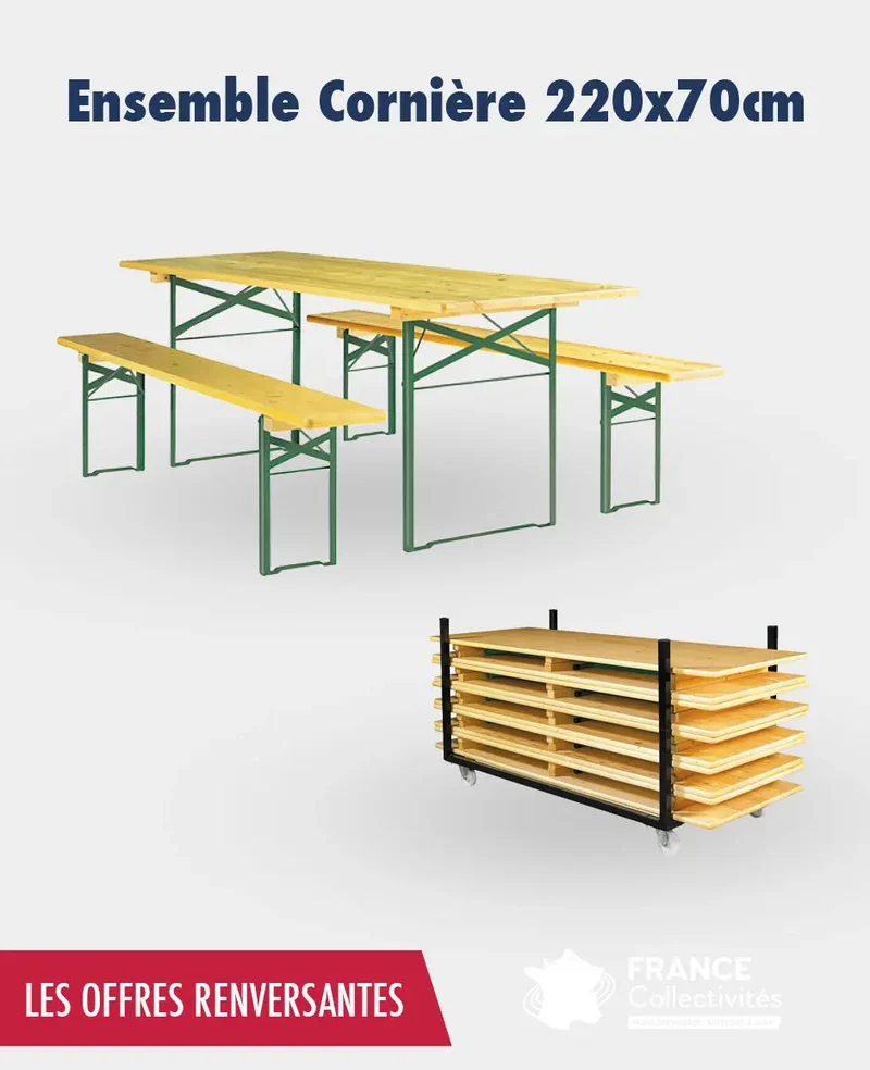 Promo 10 tables + 20 Bancs cornière 2.20 x 70 cm + 1 chariot