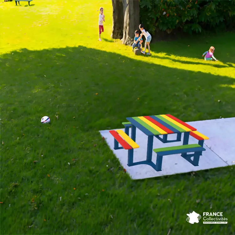 Table de pique-nique enfant Silaos Junior, version maternelle ou primaire, lames multicolores