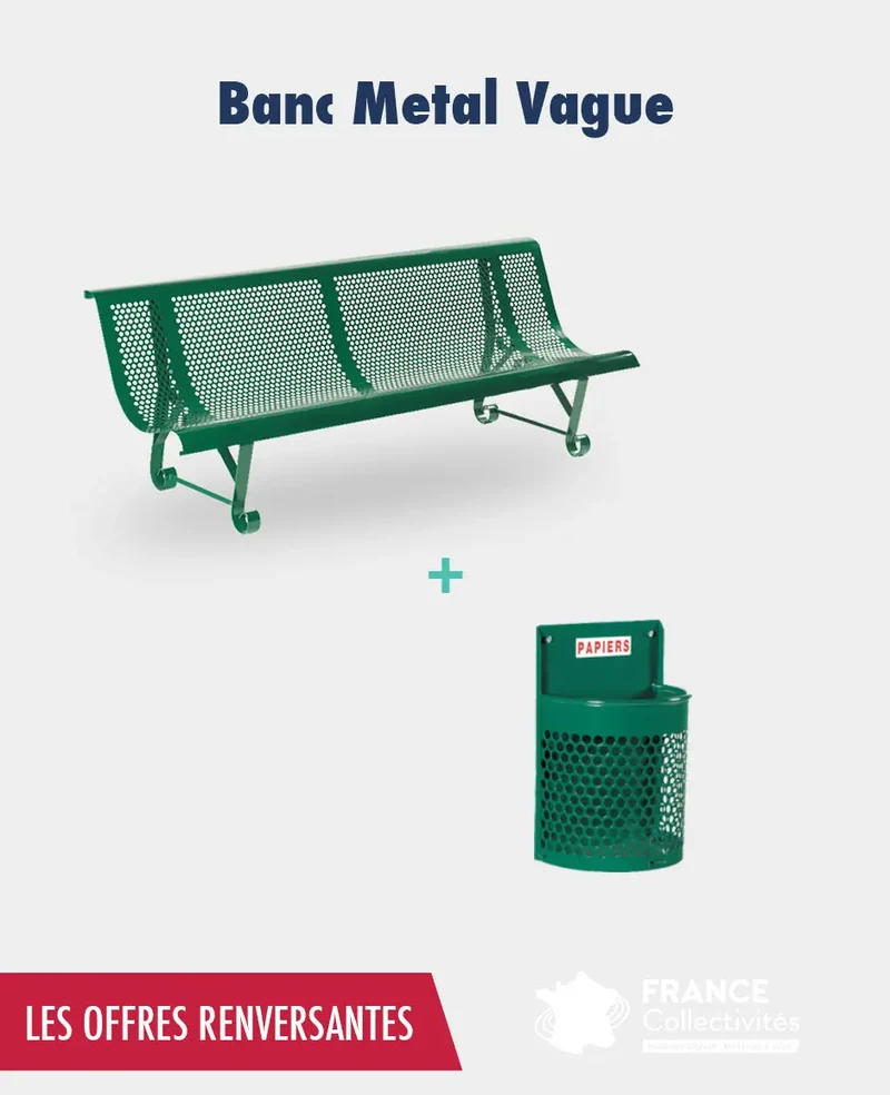 Promo 2 bancs métal vague + 1 corbeille