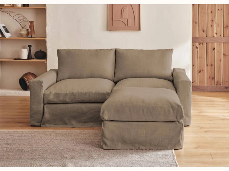 Canapé 2-3 places d'angle avec pouf en lin LENO