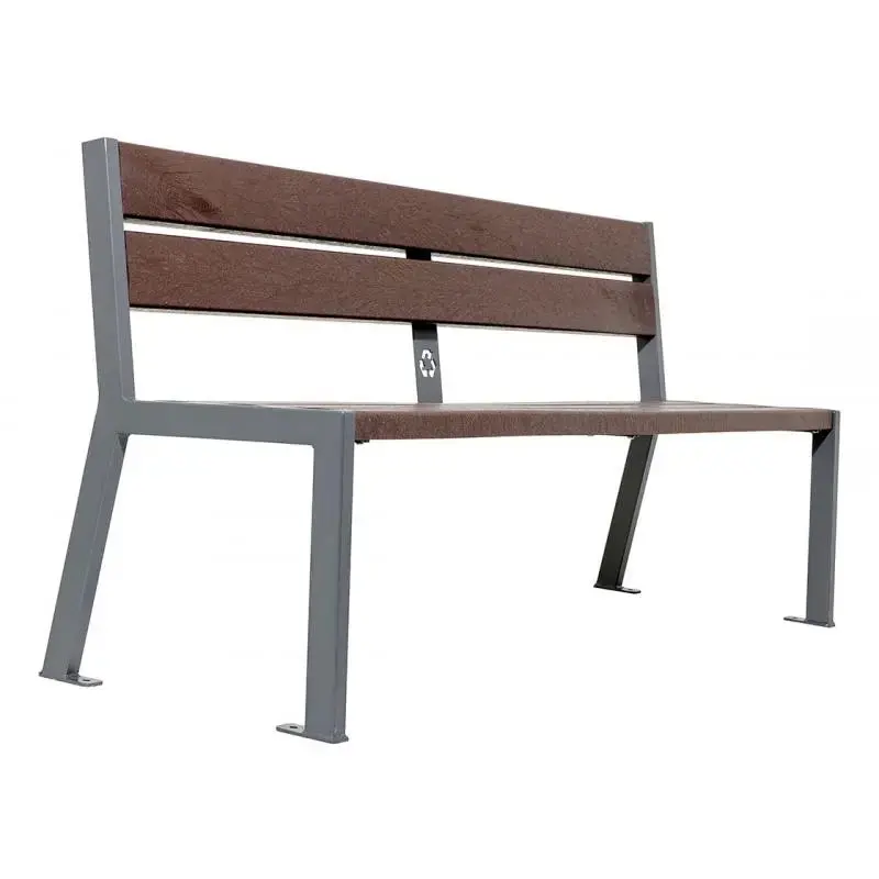Banc plastique recyclé et acier Silaos 1 800 mm, 5 ou 6 lames marron de 40 mm, avec ou sans accoudoirs