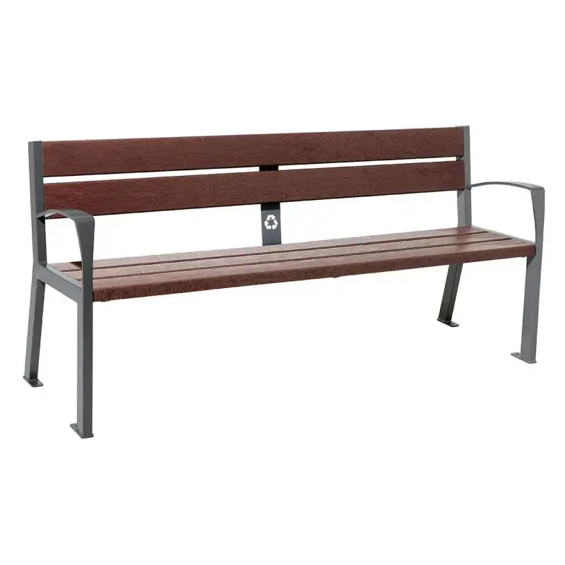 Banc plastique recyclé et acier Silaos 1 800 mm, 5 ou 6 lames marron de 40 mm, avec ou sans accoudoirs