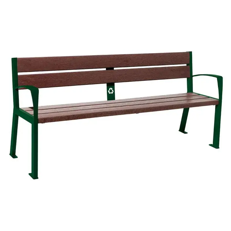 Banc plastique recyclé et acier Silaos 1 800 mm, 5 ou 6 lames marron de 40 mm, avec ou sans accoudoirs