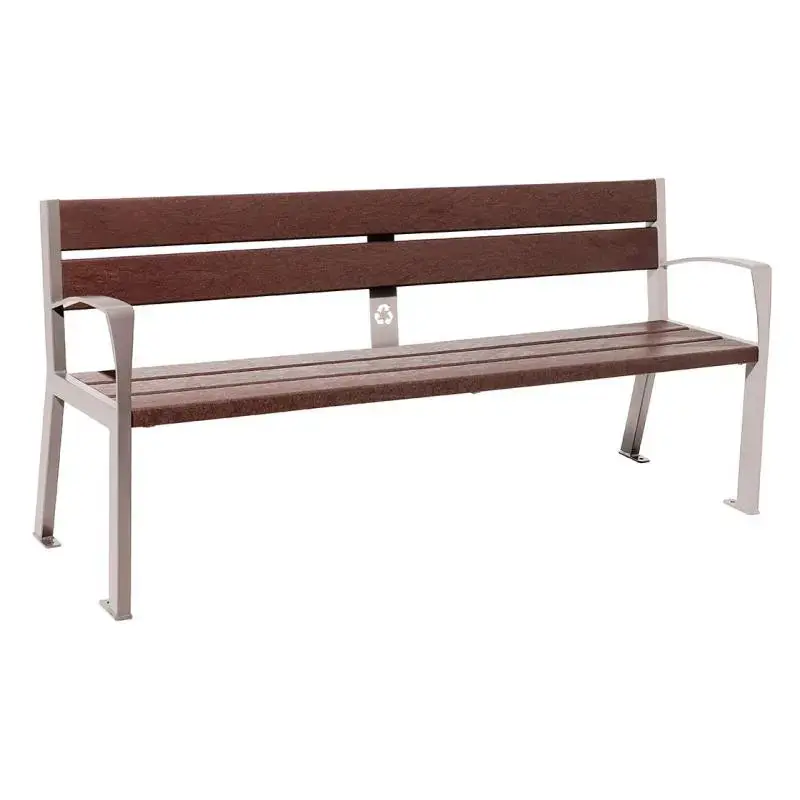 Banc plastique recyclé et acier Silaos 1 800 mm, 5 ou 6 lames marron de 40 mm, avec ou sans accoudoirs