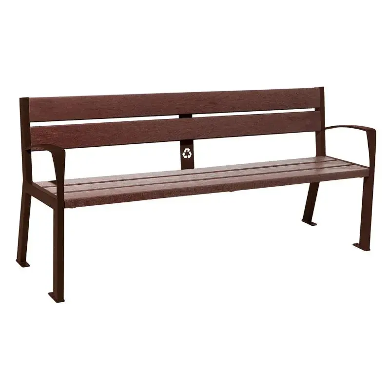 Banc plastique recyclé et acier Silaos 1 800 mm, 5 ou 6 lames marron de 40 mm, avec ou sans accoudoirs