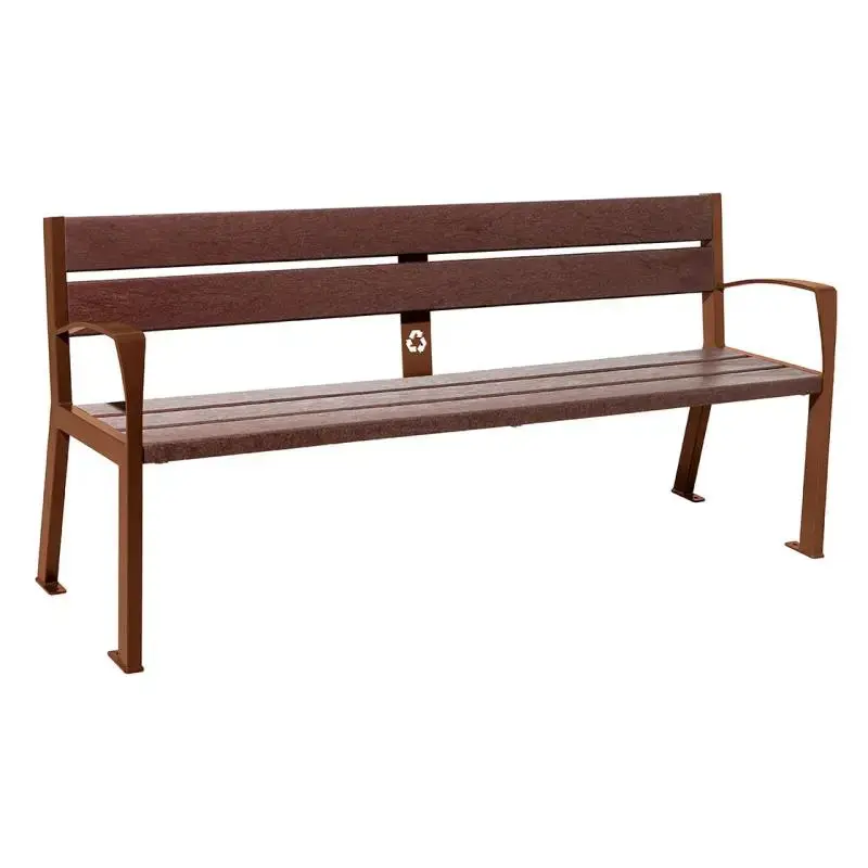 Banc plastique recyclé et acier Silaos 1 800 mm, 5 ou 6 lames marron de 40 mm, avec ou sans accoudoirs