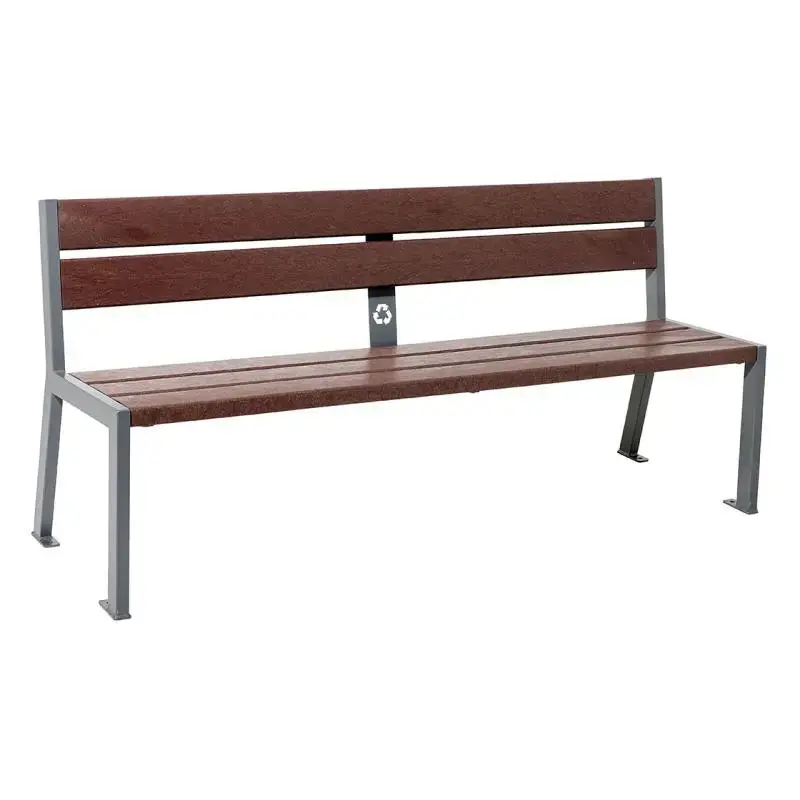 Banc plastique recyclé et acier Silaos 1 800 mm, 5 ou 6 lames marron de 40 mm, avec ou sans accoudoirs