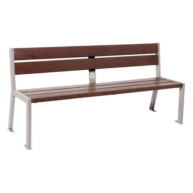 Banc plastique recyclé et acier Silaos 1 800 mm, 5 ou 6 lames marron de 40 mm, avec ou sans accoudoirs
