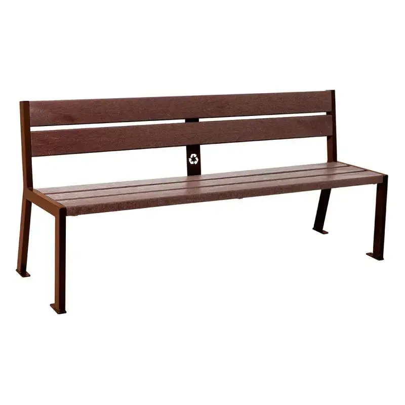 Banc plastique recyclé et acier Silaos 1 800 mm, 5 ou 6 lames marron de 40 mm, avec ou sans accoudoirs
