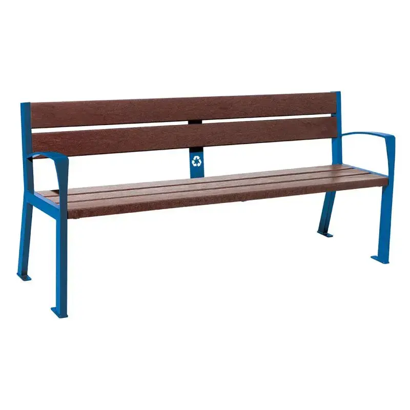 Banc plastique recyclé et acier Silaos 1 800 mm, 5 ou 6 lames marron de 40 mm, avec ou sans accoudoirs