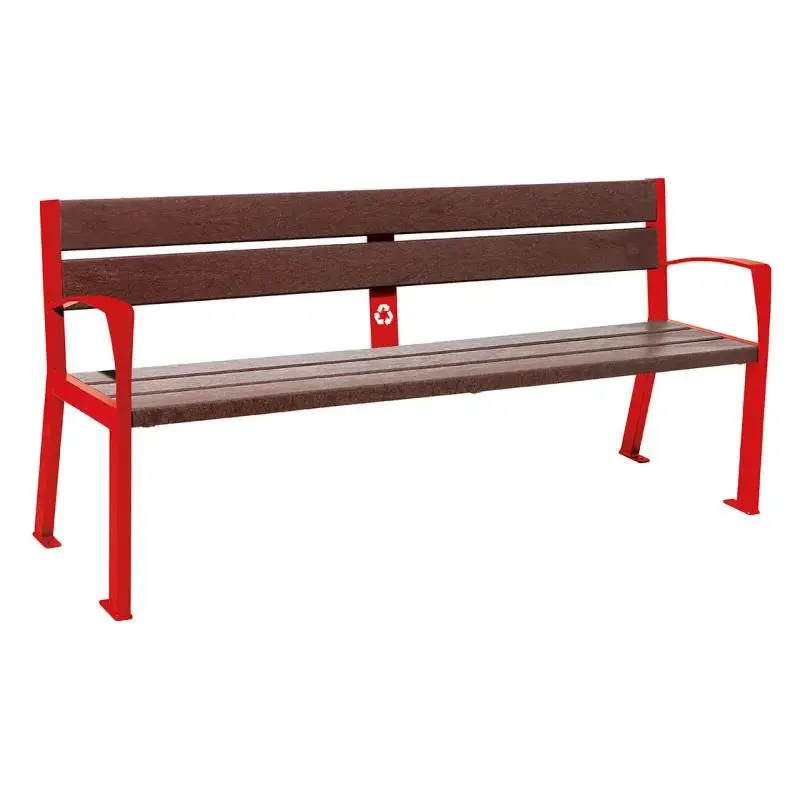 Banc plastique recyclé et acier Silaos 1 800 mm, 5 ou 6 lames marron de 40 mm, avec ou sans accoudoirs