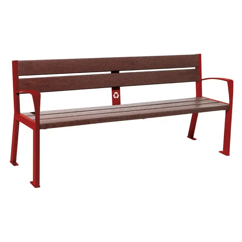 Banc plastique recyclé et acier Silaos 1 800 mm, 5 ou 6 lames marron de 40 mm, avec ou sans accoudoirs