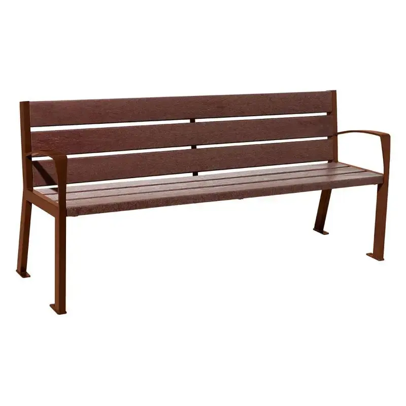 Banc plastique recyclé et acier Silaos 1 800 mm, 5 ou 6 lames marron de 40 mm, avec ou sans accoudoirs
