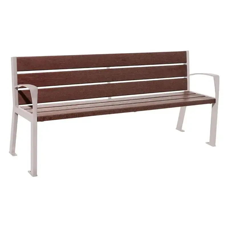 Banc plastique recyclé et acier Silaos 1 800 mm, 5 ou 6 lames marron de 40 mm, avec ou sans accoudoirs
