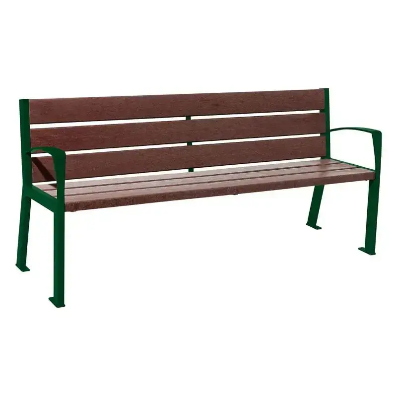 Banc plastique recyclé et acier Silaos 1 800 mm, 5 ou 6 lames marron de 40 mm, avec ou sans accoudoirs