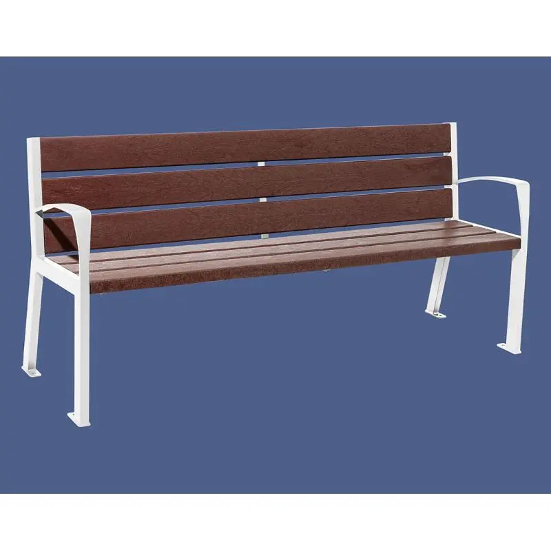 Banc plastique recyclé et acier Silaos 1 800 mm, 5 ou 6 lames marron de 40 mm, avec ou sans accoudoirs