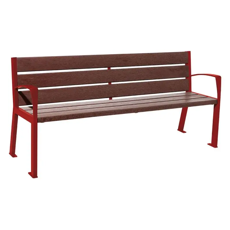 Banc plastique recyclé et acier Silaos 1 800 mm, 5 ou 6 lames marron de 40 mm, avec ou sans accoudoirs