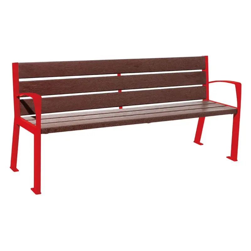 Banc plastique recyclé et acier Silaos 1 800 mm, 5 ou 6 lames marron de 40 mm, avec ou sans accoudoirs