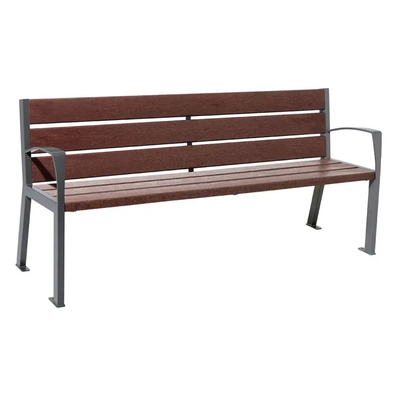 Banc plastique recyclé et acier Silaos 1 800 mm, 5 ou 6 lames marron de 40 mm, avec ou sans accoudoirs
