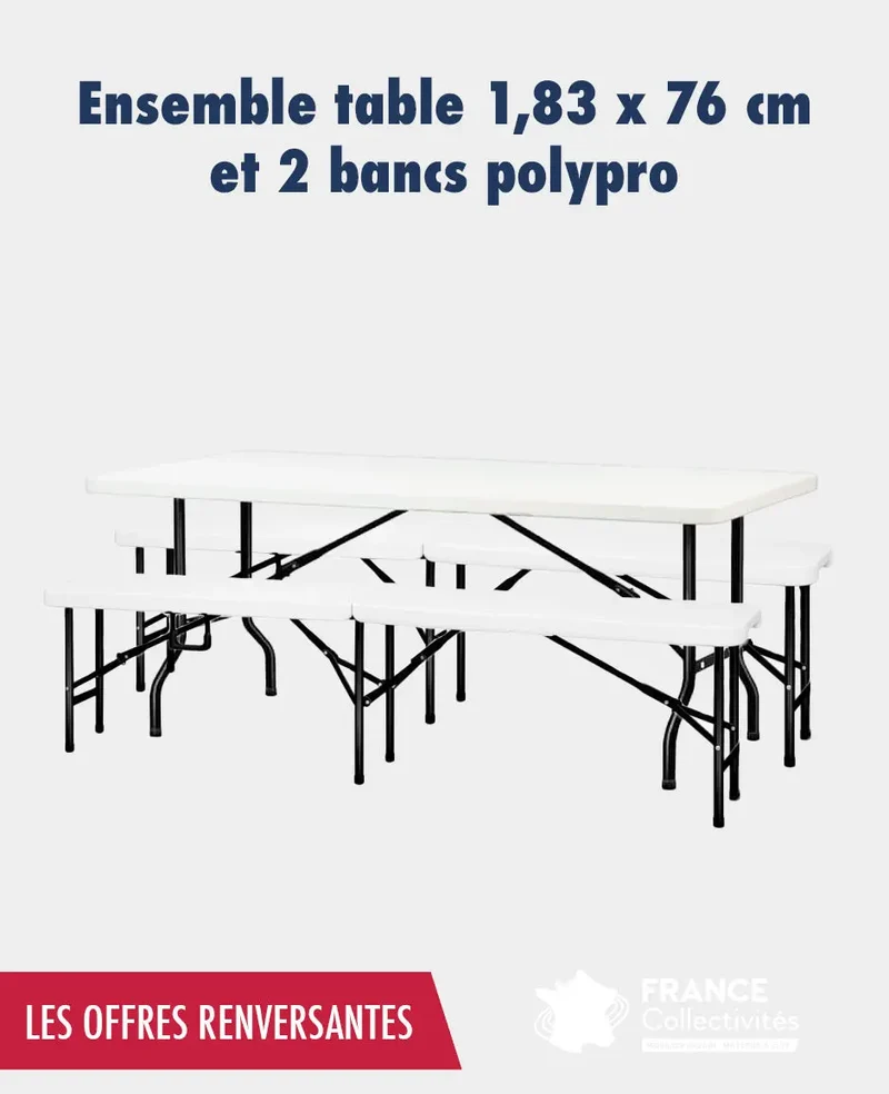 Ensemble table 1,83 x 76 cm et 2 bancs polypro