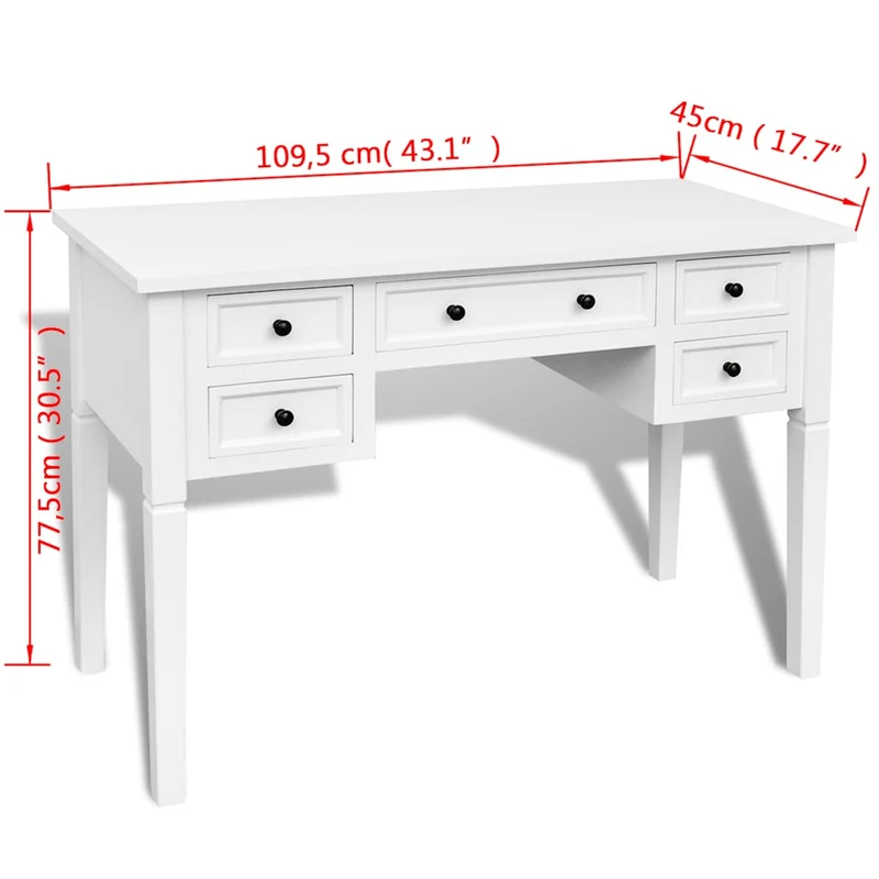 241533 White Writing Desk with 5 Drawers