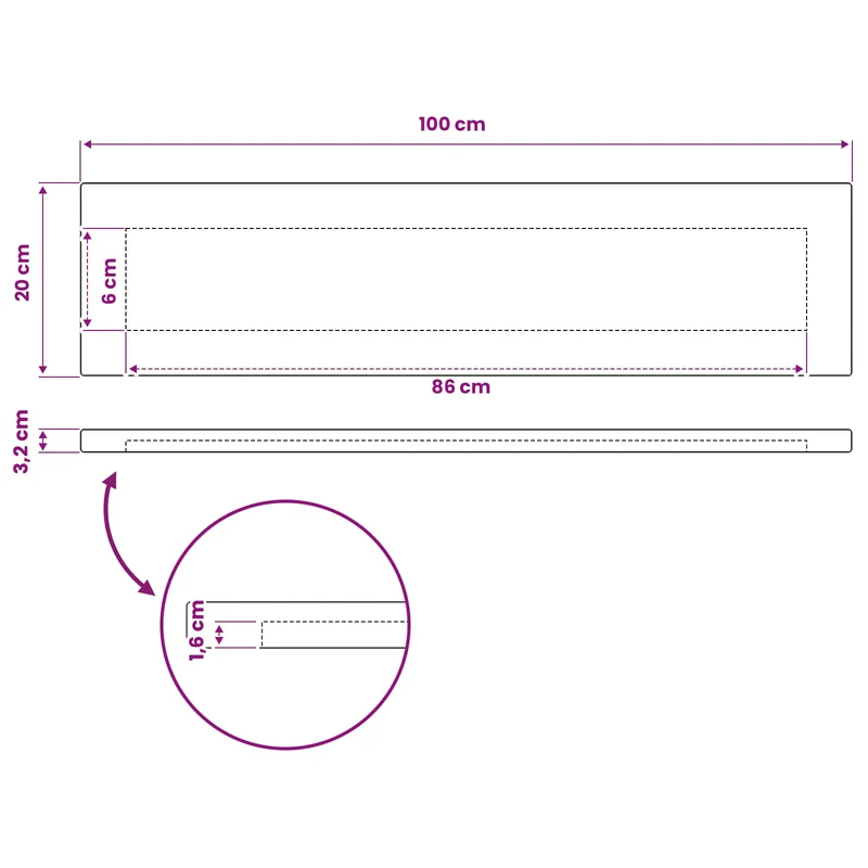 Rectangular Table Top 100 x 20 x 3.2 cm Rectangular