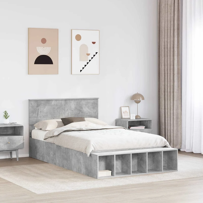 Bed Frame with Shelf Concrete Grey 120 x 190 cm Engineered Wood