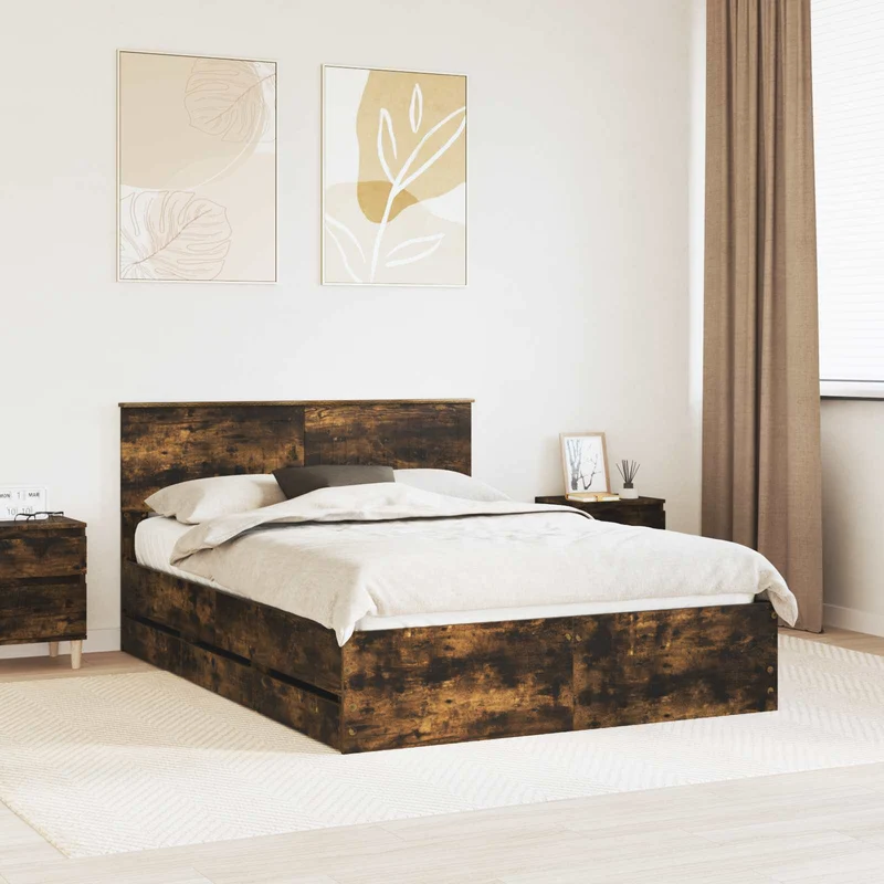 Bed Frame with Drawer Smoked Oak 135 x 190 cm Engineer Wood
