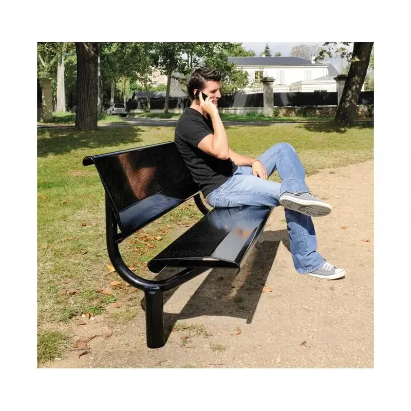 Banc métal Oslo 1 500 ou 1 800 mm, tôle acier perforée 2,5 mm, structure tube Ø 76 mm, avec ou sans embase