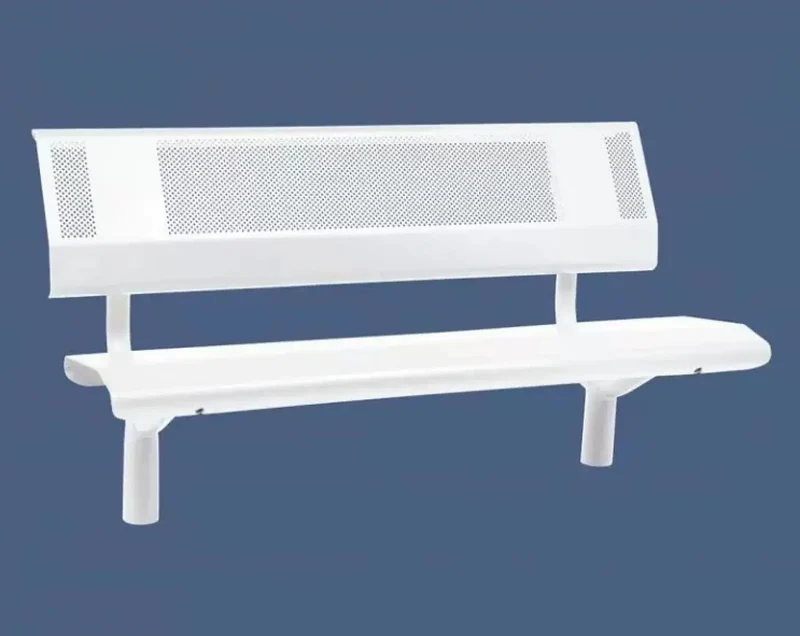 Banc métal Oslo 1 500 ou 1 800 mm, tôle acier perforée 2,5 mm, structure tube Ø 76 mm, avec ou sans embase