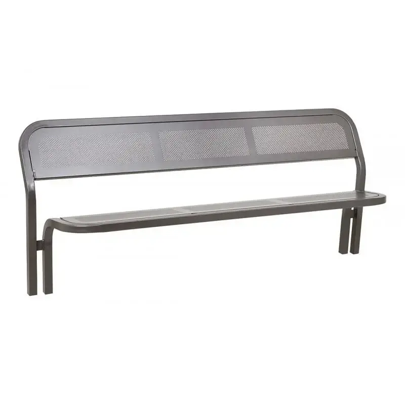 Banc métal Conviviale® 2 000 mm, assise et dossier en tôle perforée, tube acier 40 x 40 mm, à sceller