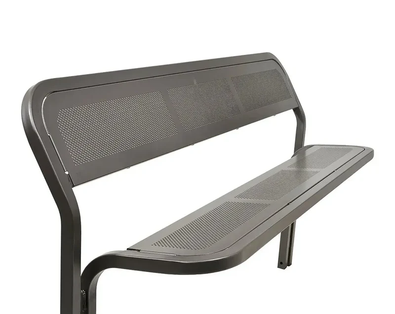 Banc métal Conviviale® 2 000 mm, assise et dossier en tôle perforée, tube acier 40 x 40 mm, à sceller