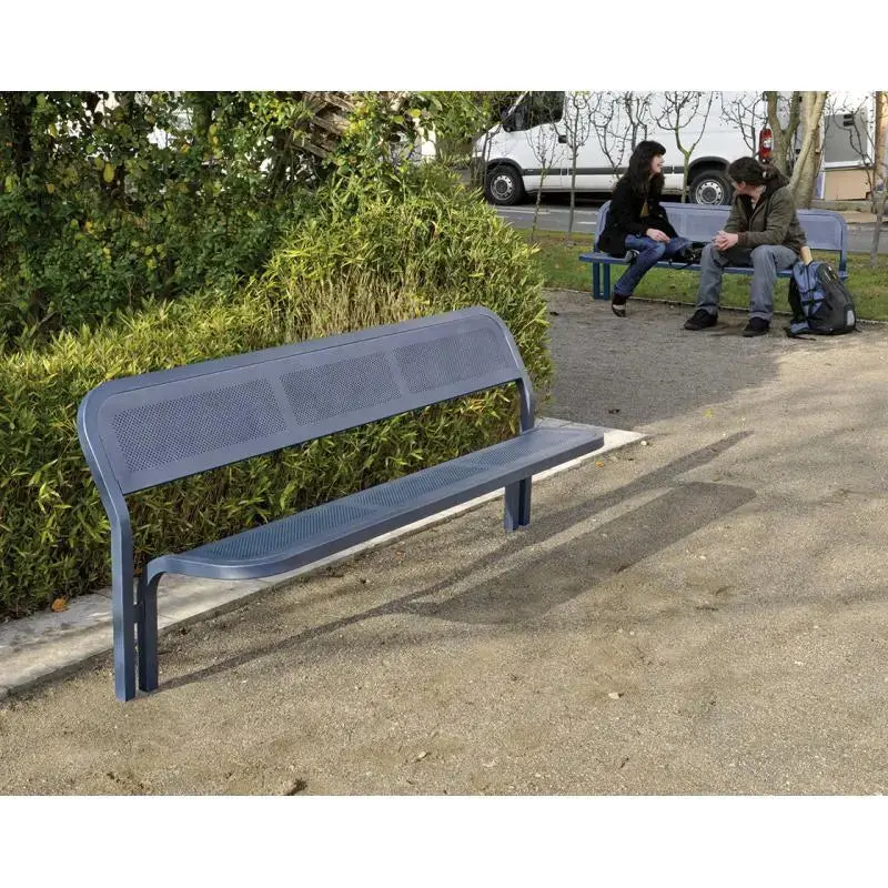 Banc métal Conviviale® 2 000 mm, assise et dossier en tôle perforée, tube acier 40 x 40 mm, à sceller