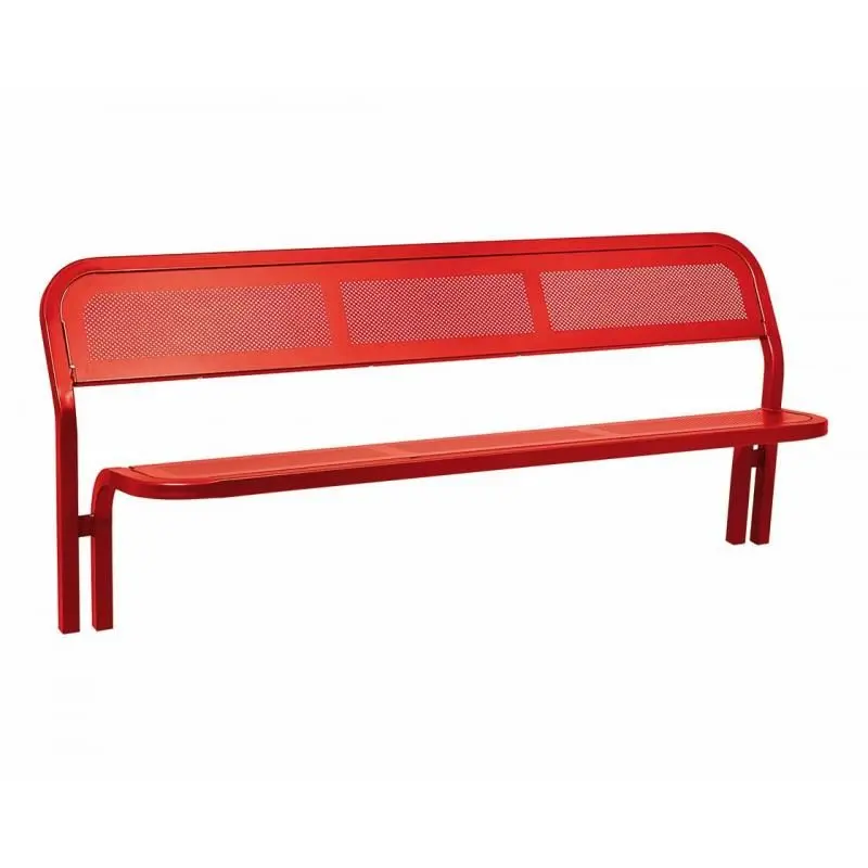 Banc métal Conviviale® 2 000 mm, assise et dossier en tôle perforée, tube acier 40 x 40 mm, à sceller