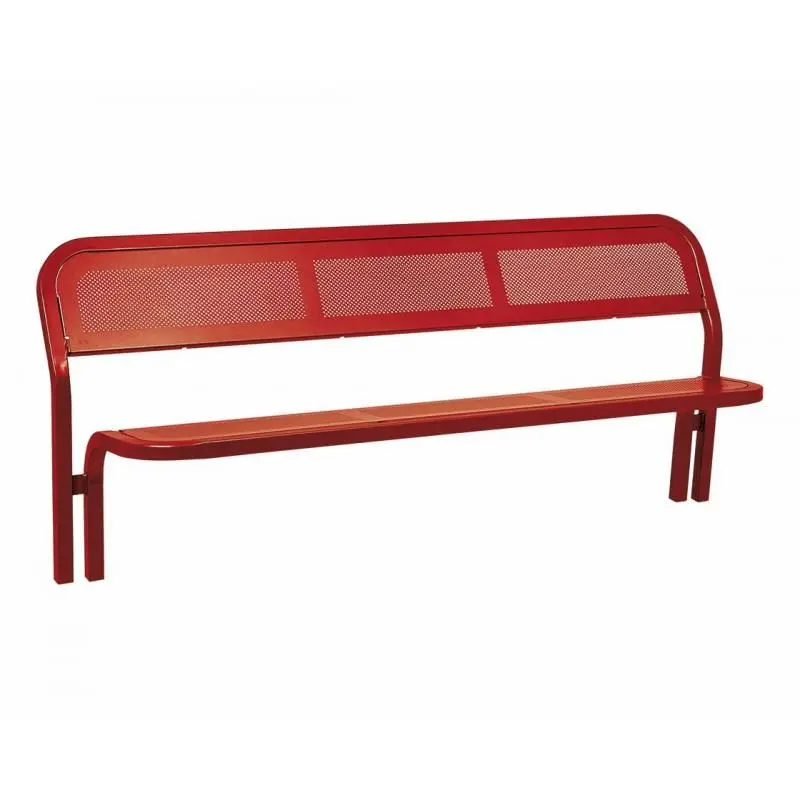 Banc métal Conviviale® 2 000 mm, assise et dossier en tôle perforée, tube acier 40 x 40 mm, à sceller