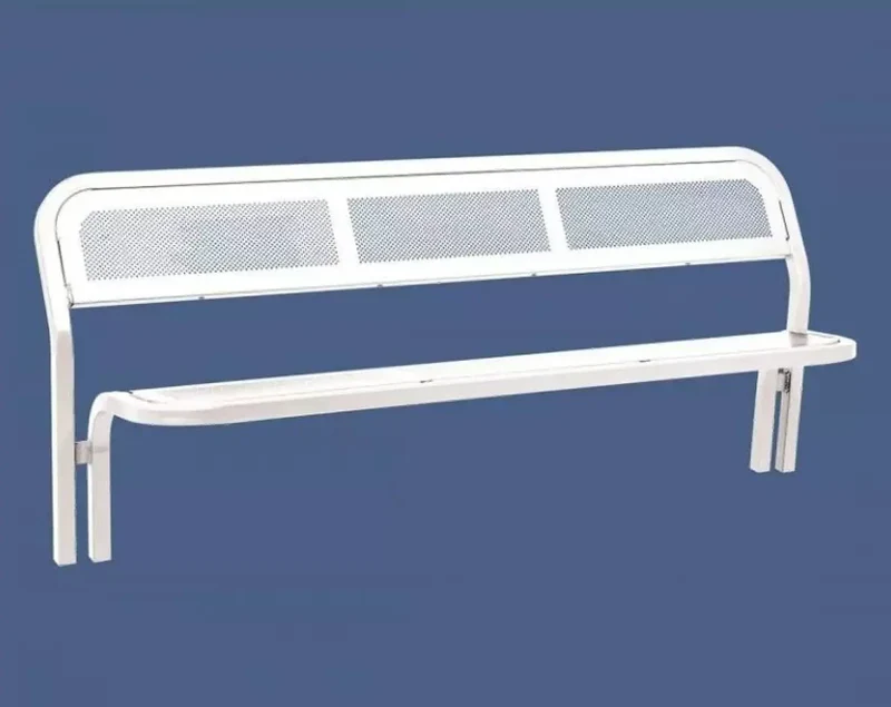 Banc métal Conviviale® 2 000 mm, assise et dossier en tôle perforée, tube acier 40 x 40 mm, à sceller